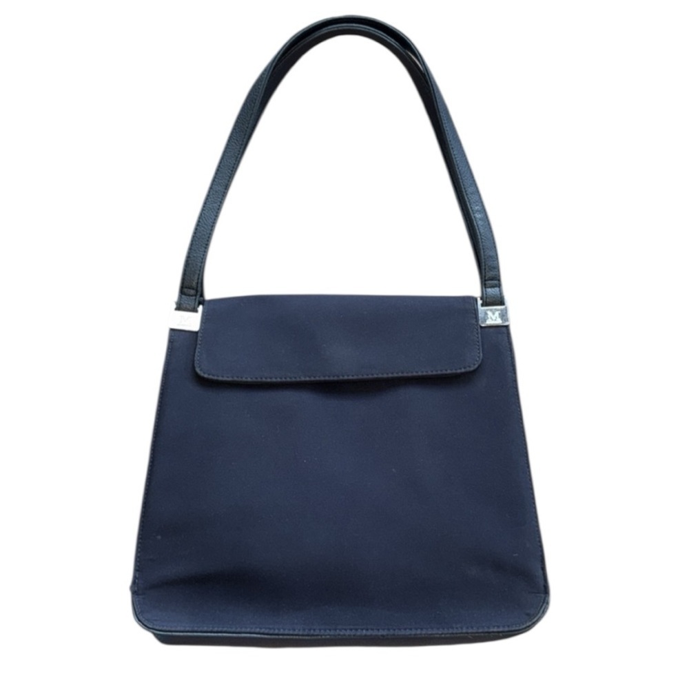 Mondani Navy Peau De Soie Fabric & Leather Structured Sections Bag Silver Accent